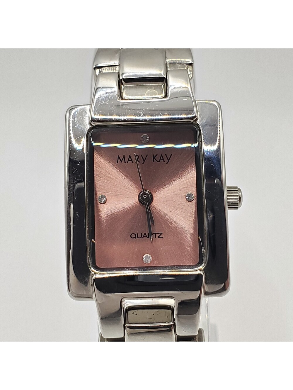 Mary Kay Pink Dial Rectangle Womens Watch 20mm Silver Tone New Battery